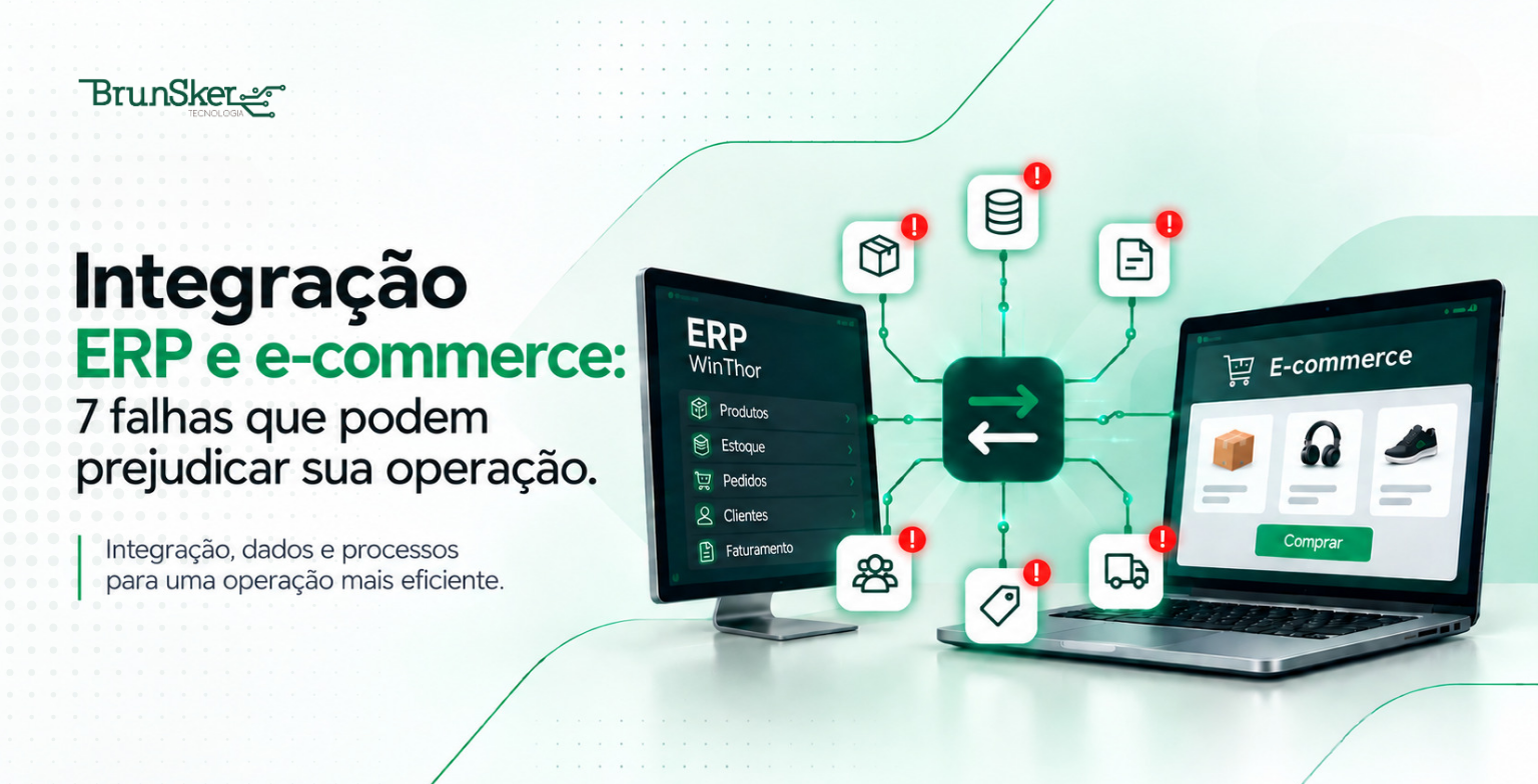 Integração ERP e e-commerce conectando sistemas, estoque, pedidos e operação empresarial